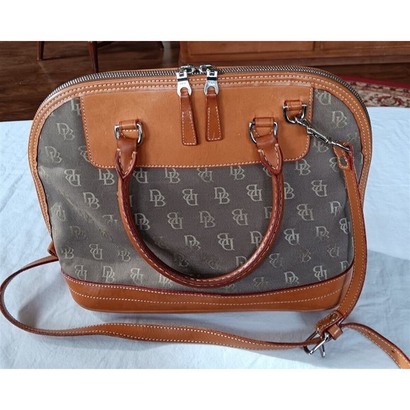 Vtg Dooney & Bourke Satchel Domed Shoulder Strap Leather & Canvas Monogram 80s - Picture 1 of 11